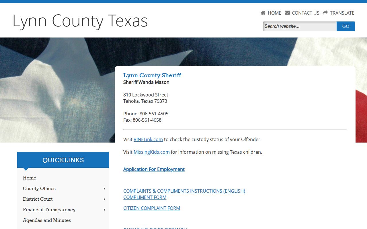 Lynn County Sheriff official custody and booking record contact page