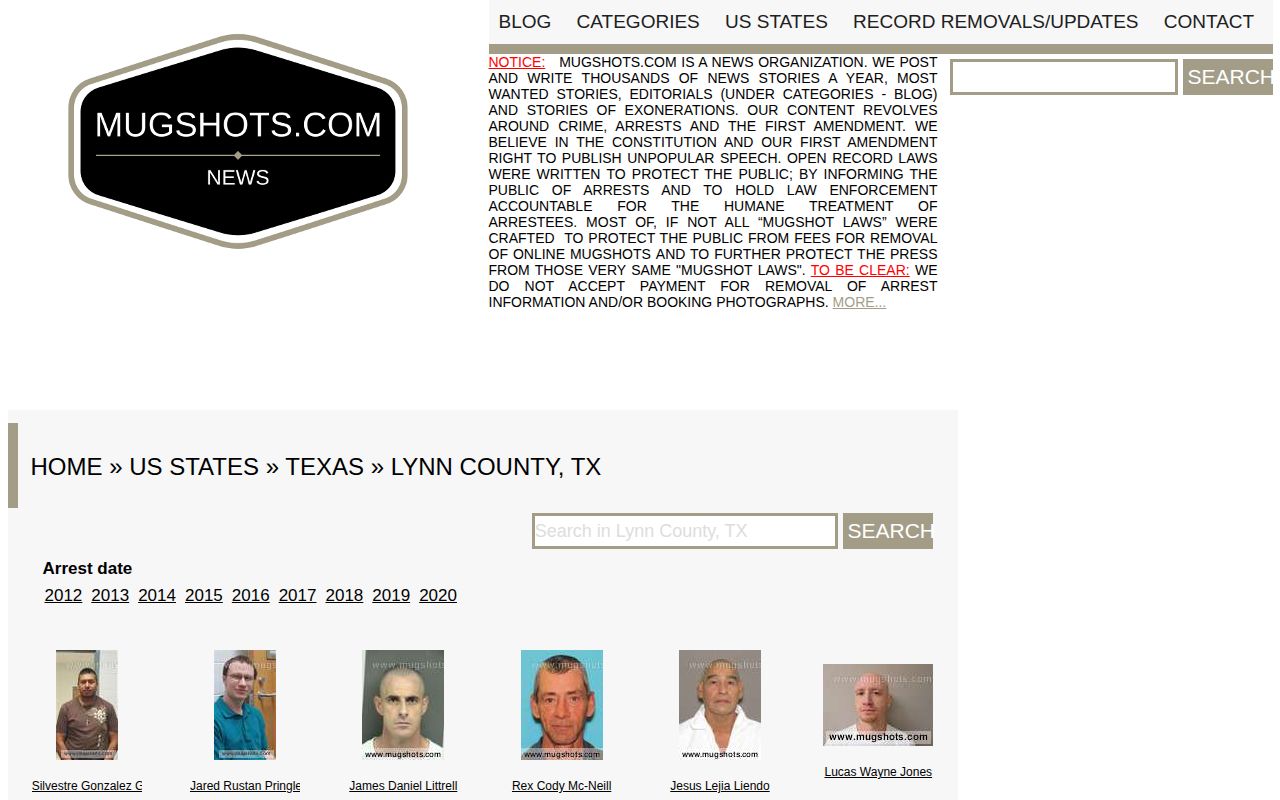 Lynn County Mugshots.com secondary booking record archive